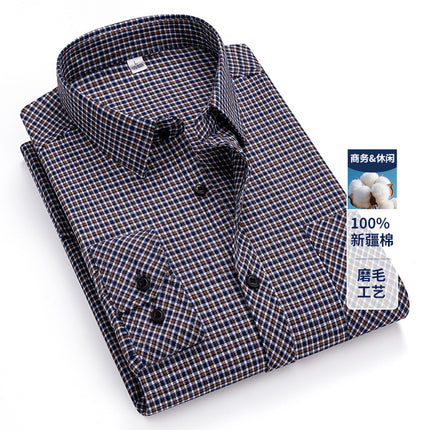2025 Autumn New Men's Casual Fashion Brushed Plaid Long Sleeve Ready Stock No-Iron Casual Middle-Aged Tops Men's Clothing