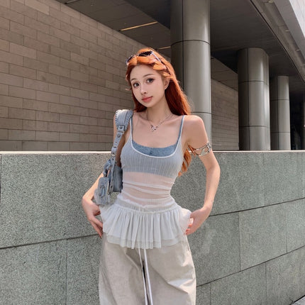 Ruffled Camisole for Women with Beautiful Pleated Back, Slimming and Sexy American-Style Top for Outer Wear