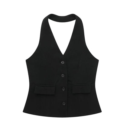 European and American Style Backless Collar Vest 8364532 Pleated Wide Leg Pants 8365532 Set White Top