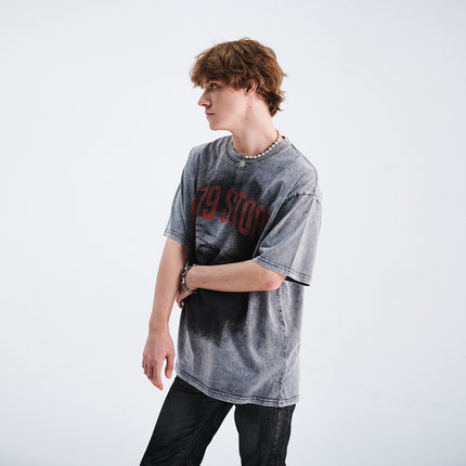 LawFoo spring and summer national fashion brand American wash old direct injection head print drop shoulder loose version couple T-shirt fashion