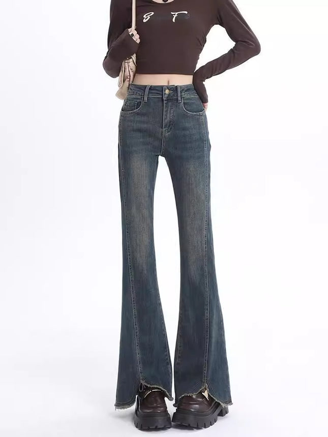 Women's Flared Jeans 2025 Summer New High-Waisted Slim Fit Bootcut Raw Hem Pants