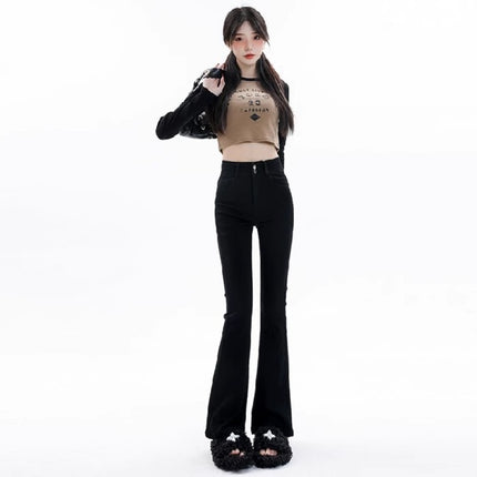 American-style Retro Smoke Gray Micro-lar Jeans Women's Trendy All-match New High Waist Slim-fit Horseshoe Flared Pants