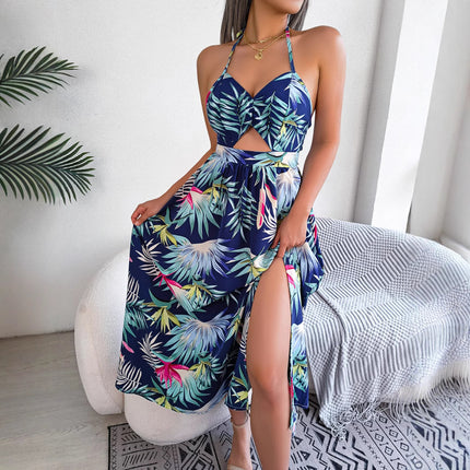 2026 Spring/Summer European and American Floral Sleeveless Hollow-Out Strap Long Dress Vacation Beach Dress Amazon Cross-Border Women's Clothing