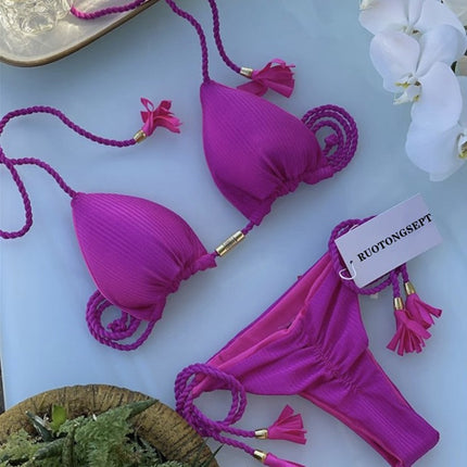 European and American 2025 Spot New Fashion Split Pure Color Bikini Bikini Swimsuit Sexy Lace-Up Halter Swimsuit