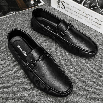 Labor Insurance Work Men's Shoes Summer Business Dress Casual Leather Shoes Men's Slip-on Lazy Soft Bottom Bean Shoes Black