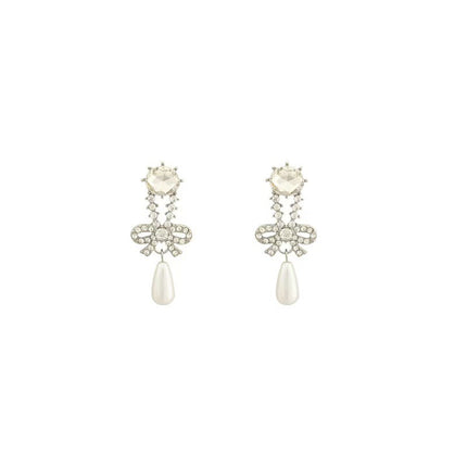 Wholesale Full Diamond Bow Pearl Long Earrings for Women French Sweet High-End Earrings Retro Ear Jewelry 106