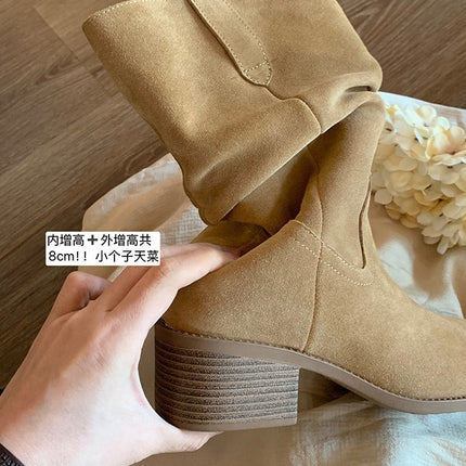 Cowhide Version ~ Slim Knight Boots 2025 New V-Mouth Thick Heel Heightening Slimming Large Tube Short Boots Women's Boots
