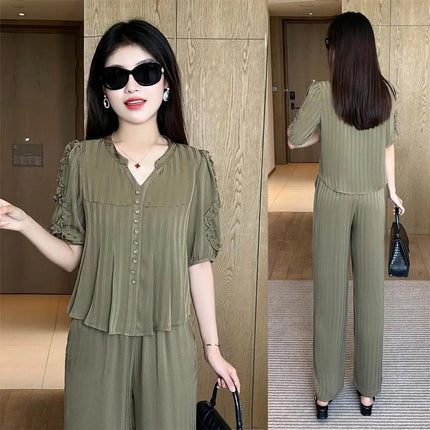 High-end Ice Silk Fashion suit Women's Summer New Elegant Wear Set of Thin Western Style Casual Two-piece Set