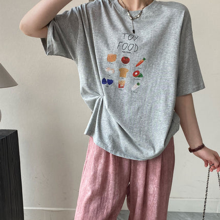 South Fish in stock! The breeze is blowing! Korean Style Fruit and Vegetable Printed Loose Cotton Short-sleeved T-shirt for Women