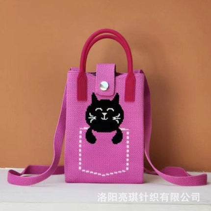 New Woven Simple Fashion Mobile Phone Bag Cute Cartoon Cat Knitted Bag Women's Small Square Bag Color Heart