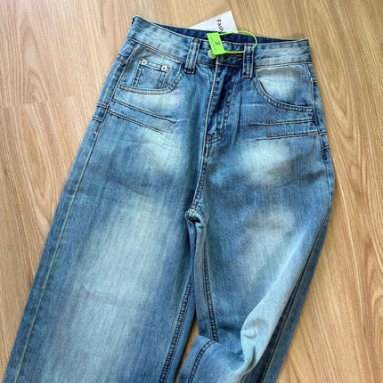 American-Style Autumn New High Street Loose Straight-Leg Jeans for Women with a Designer Feel, Washed Blue High-Waisted Slimming Wide-Leg Pants