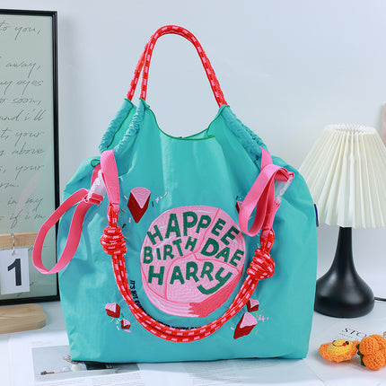 Cross-Border New Embroidered Shoulder Bag Large Capacity Bag Women's Environmentally Friendly Shopping Bag Embroidered Crossbody Bag Nylon Tote Bag