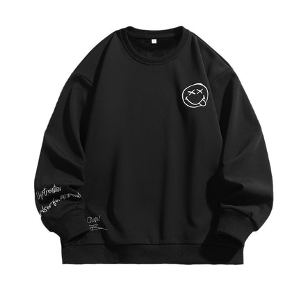 Smiley face embroidered heavy round neck sweater men's autumn new Japanese fashion brand all-matching boys plus size casual pullover