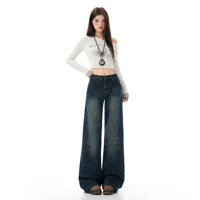 Washed Straight-Leg Jeans for Women, Autumn New American Design, Loose Fit, Slimming, Drapey, Floor-Length Wide-Leg Pants