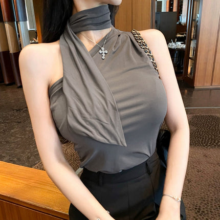South Korea Dongdaemun Elegant Sexy Neck Lace-up Feminine Vest Figure Simple All-match Sleeveless Top Trendy