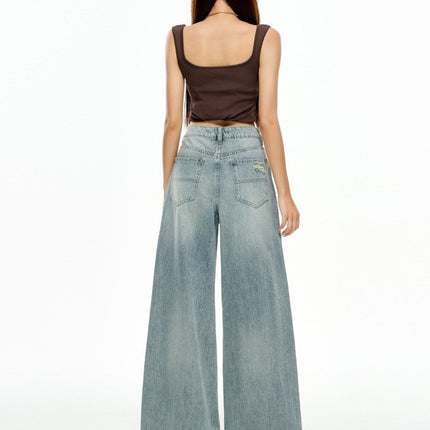 Retro Washed Distressed Jeans for Women, Loose High-Waisted Slim Straight Wide-Leg Pants, Floor-Length Pants