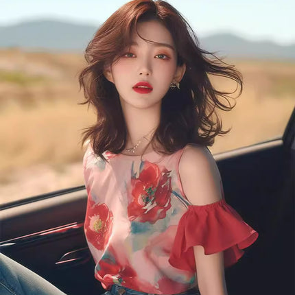 New Chinese Style Summer Xiaizhong French Style Light Mature Chic Beautiful Top Light Luxury High-end Red Printed Dig Shoulder Shirt for Women