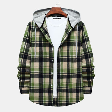 Cross-border Hooded Plaid Shirt Men's 2024 Foreign Trade Autumn Harajuku Style Plaid Hooded Shirt Men's Hong Kong Style Casual Shirt