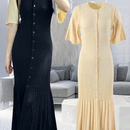 S Brand 2026 Spring/Summer New French-Style Short-Sleeve Knit Dress with Waist-Cinching Slit and A-Line Long Skirt on Aliexpress