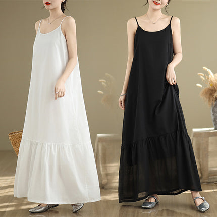 Real Shot of 2025 Summer New Style White Minimalist Extended Cotton-Polyester Splicing Slip Dress Slimming Fishtail Dress for Women