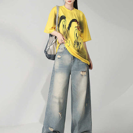 American Niche Retro Distressed Washed Ripped Jeans for Women, Loose High-Waisted Slimming Wide-Leg Floor-Length Pants