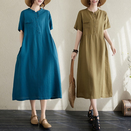 2025 Summer New Japanese Artistic Short-sleeved Cotton and Linen dress Women's Loose Slimming Solid Color Round Neck Long Skirt