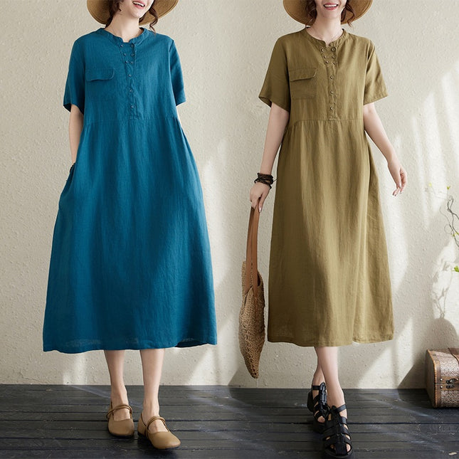 2025 Summer New Japanese Artistic Short-sleeved Cotton and Linen dress Women's Loose Slimming Solid Color Round Neck Long Skirt