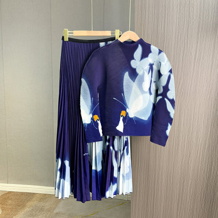 Early Autumn Pleated Fashion Stylish Design Printed High Neck Slim-Fit Stretch Long Sleeve Top Elastic Waist Skirt suit