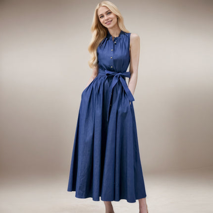 2025 Cross-border Elegant and Noble Chic Sleeveless Thin Denim Long Dress Vertical Collar Large Swing Dress Fashion dress