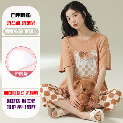 Short-Sleeved Pajamas for Women, Summer Pure Cotton, Pure Cotton Home Clothes with Chest Pads to Prevent Bumps, Can Be Worn Outside, Simple and Casual
