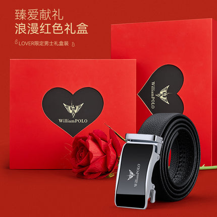 Paul Belt Men's Genuine Leather Birthday Gift Automatic Buckle High-end Red Gift Box for Husband Cowhide Belt Men