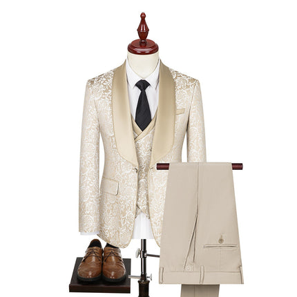 Foreign Trade Men's Jacquard Green Fruit Collar Suit Three-Piece Men's Korean Style Slim Fit Groomsmen Wedding Dress Suit