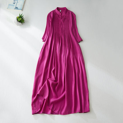 Organ Pleated Solid Color Cotton and Linen Dress for Women, New Autumn Style, Loose Fit, Slimming, Small Stand Collar, Three-Quarter Sleeves, Flowing Long Dress