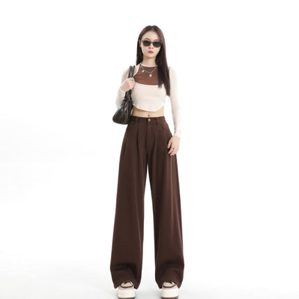 New Chinese Style Loose Jeans for Women in Autumn, New Hot Girl Pleated Design, Opaque White Drapey Floor-Length Wide-Leg Pants