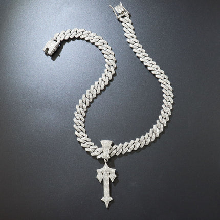 Cross-Border Large Sword Pendant Diamond-Studded Letter t Necklace European and American Hip-Hop Style Line Design
