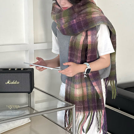 Lavender Purple and Green Wool Blend Plaid Scarf for Women, Winter Korean Style, Versatile and Warm Neck Warmer Trendy