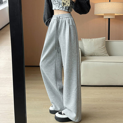 in stock Ancora Red Drawstring Sports Pants Autumn and Winter High Waist Casual Slimming Wide Leg Pants Women's Fleece-Led Pants
