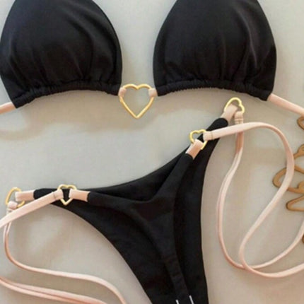 2025 New European and American Metal Decorative Halterneck Push-Up Bikini Brazilian Sexy Pure Color Split Swimsuit Bikini