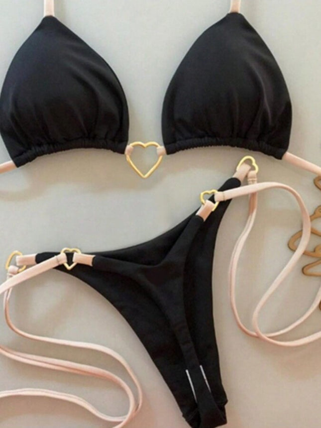 2025 New European and American Metal Decorative Halterneck Push-Up Bikini Brazilian Sexy Pure Color Split Swimsuit Bikini