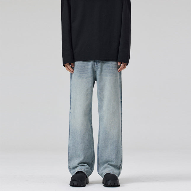 JIAMU American Spring and Summer Ice Blue Flower Baggy jeans Light Color Men's Straight Loose Wide Leg Neutral