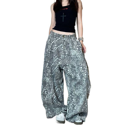 American Retro Loose Bf Lazy Style Leopard Print Jeans for Women, Trendy Distressed Floor-Length Pants