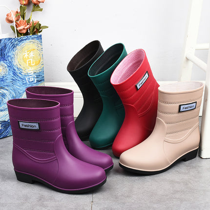 New fashion rain boots Women's Mid-calf warm rain boots non-slip water shoes work rubber shoes adult cotton-padded water boots overshoes