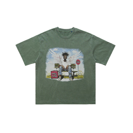 LawFoo American Street Washed Old Street Figure Printed Spring and Summer Loose Short-sleeved T-shirt Men's Top