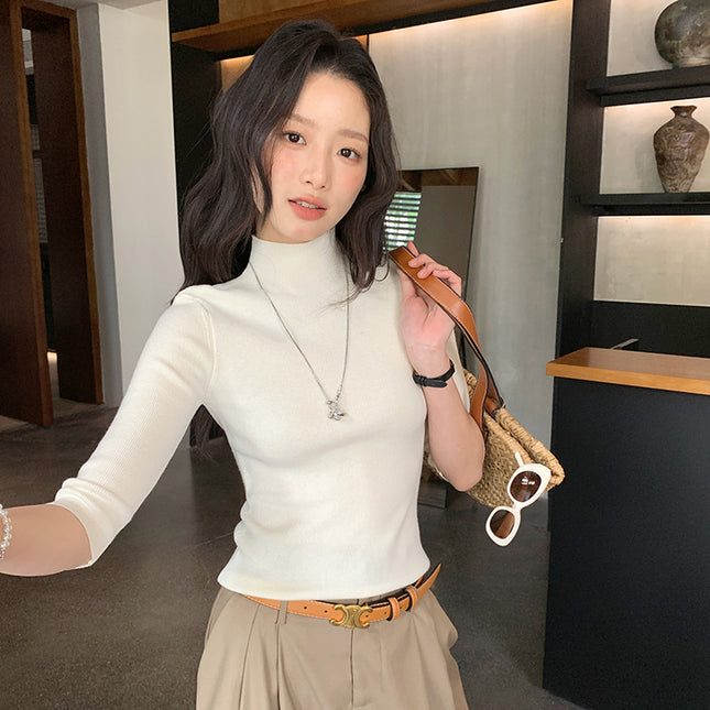 Factory Hot-Selling Korean Style Chic Half-High Collar Right Shoulder Slim Wool Mid-Sleeve Sweater for Women Commuting New Style Beautiful