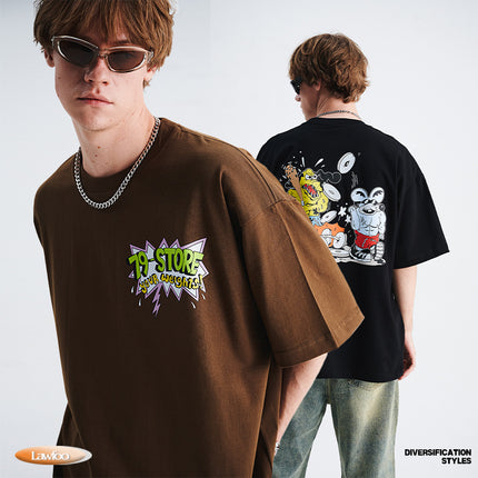 LawFoo national fashion American retro heavy 285g cotton cartoon mouse print loose version couple T-shirt fashion