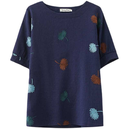 Real shot 2024 summer new short sleeve literary fan cotton linen loose slim round neck base shirt top