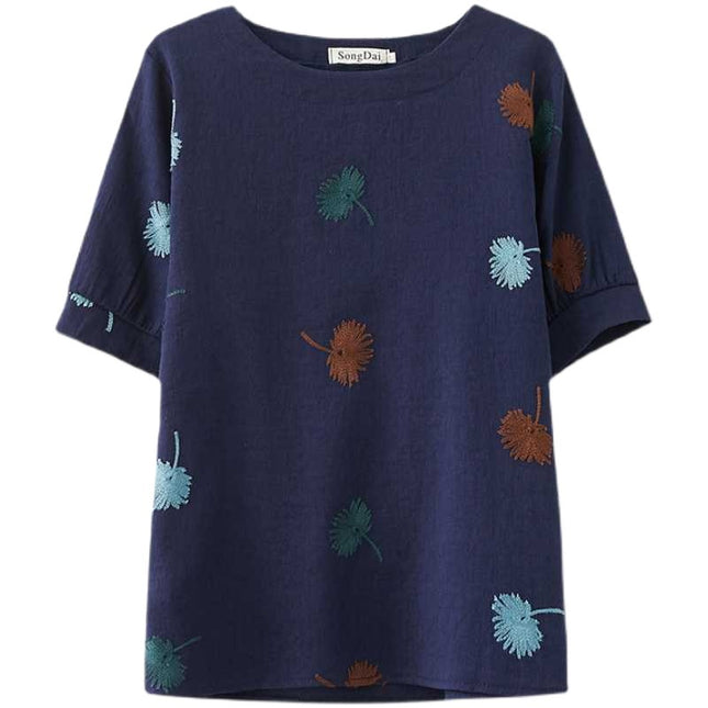 Real shot 2024 summer new short sleeve literary fan cotton linen loose slim round neck base shirt top