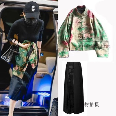 Yang Mi same style retro Chinese style buckle jacquard green slimming coat high waist black versatile slimming skirt