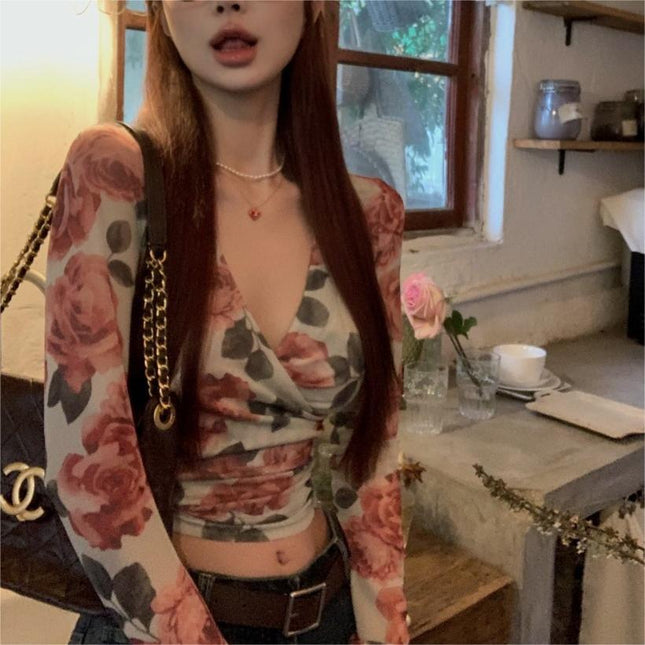 Vintage Rose Print Slim-fit T-shirt Women's Spring and Summer Thin Mesh Long-sleeved Sun-protective Shirt Slim-fit V-neck Sweet and Hot Small Top