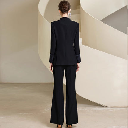 Spring and Autumn Fashion High-end Sense Satin Stitching Black Business Dress Elegant Goddess Fan Micro-pants Suit suit OL